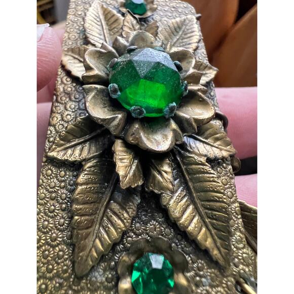 Vintage Dangle Brooch Green Flower Bronze Tone Pin Emerald Crystal Rhinestone - Picture 3 of 7